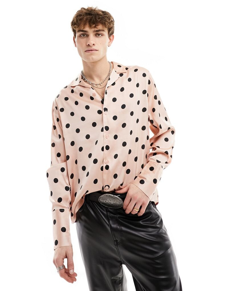 

Свободная атласная рубашка в горошек с удлиненными манжетами ASOS DESIGN пыльно-розового цвета