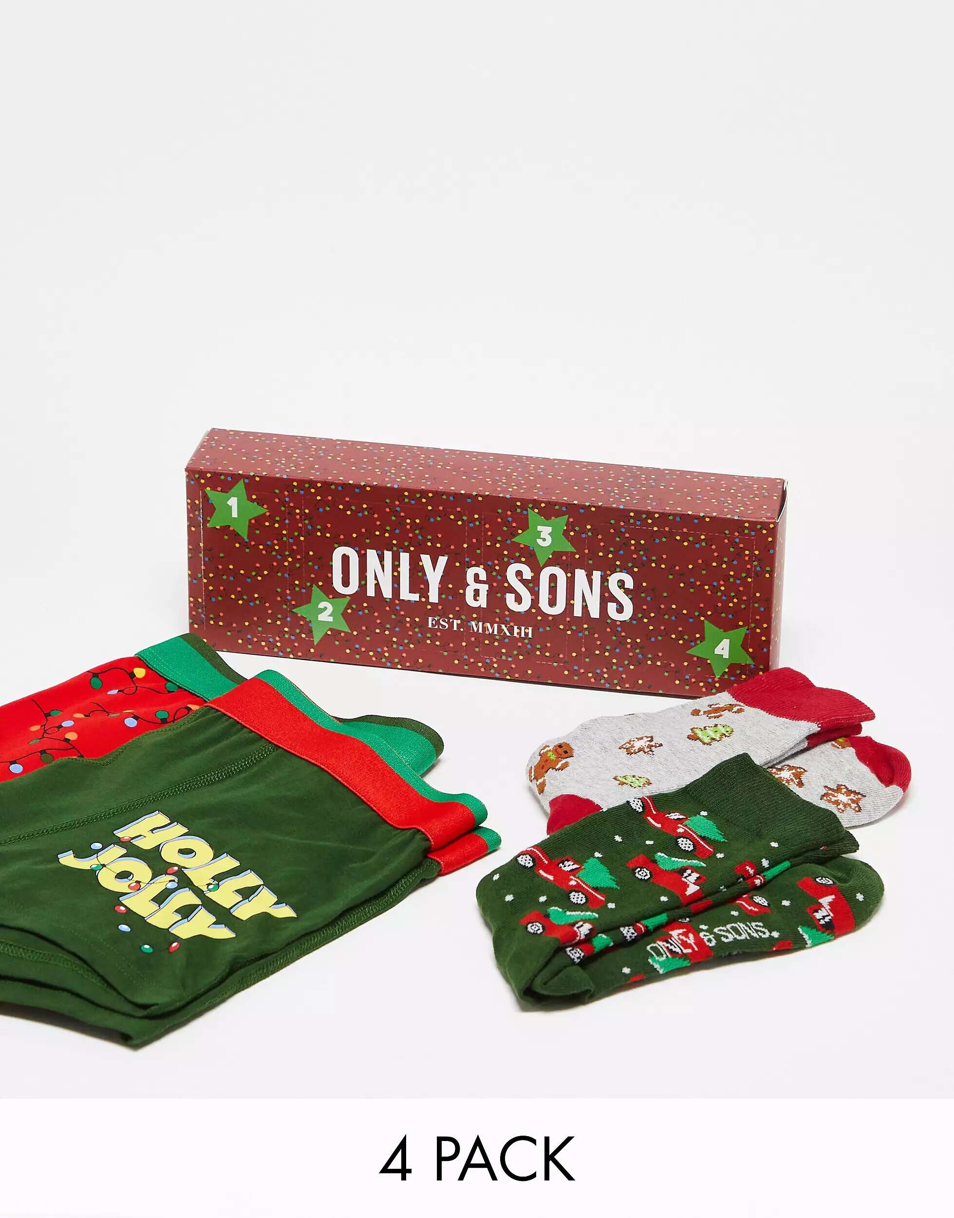 Рождественский адвент-календарь из 4 трусов и носков Only & Sons женские носки северянка в подарочной упаковке набор 4 пары размер 23 25