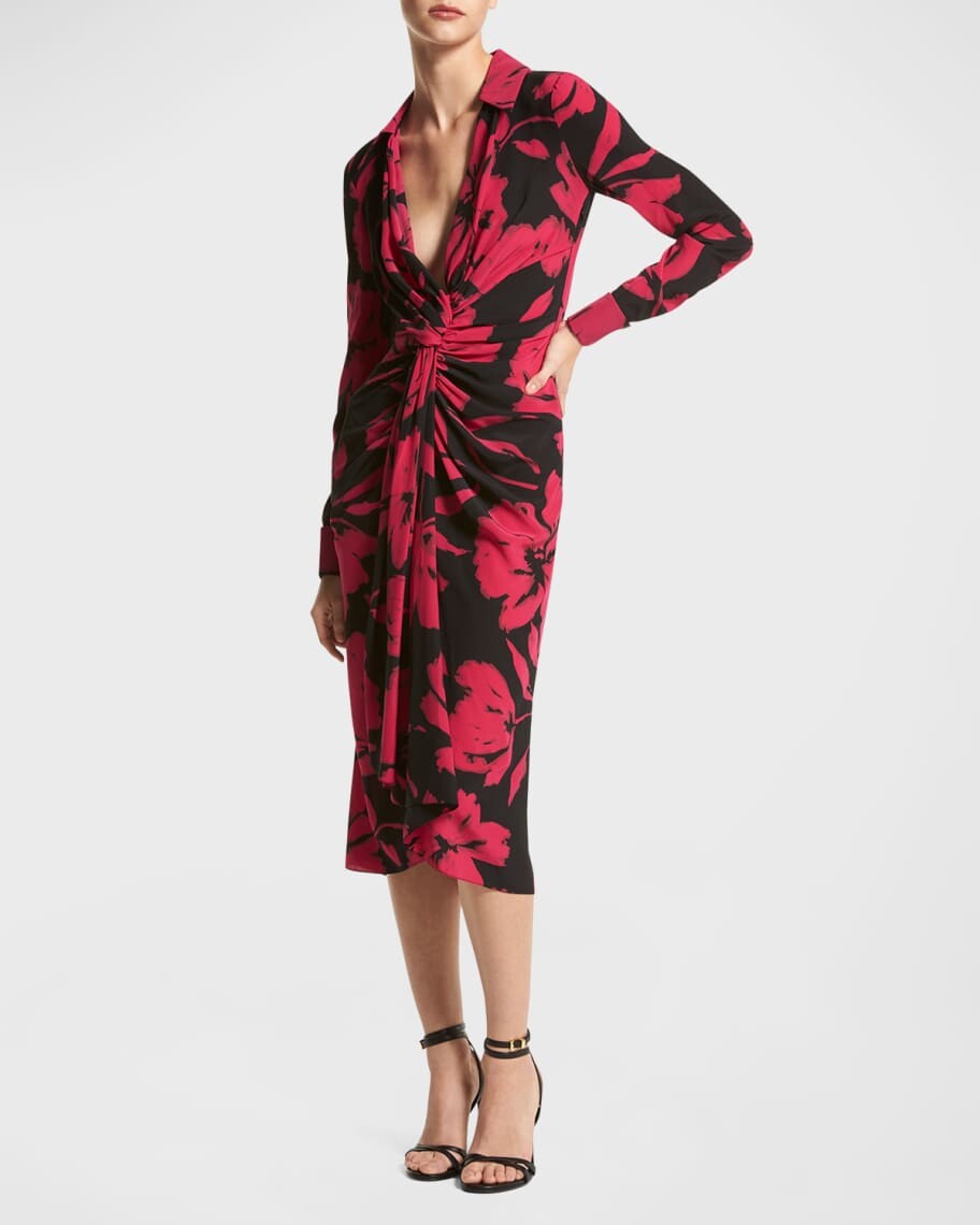 

Присборенное платье-рубашка миди с цветочным принтом Brushstroke Michael Kors Collection