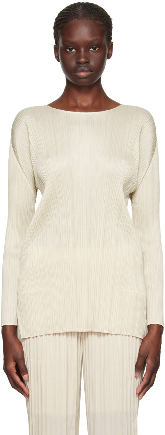 

Бежевая футболка с длинным рукавом Monthly Colors October Pleats Please Issey Miyake, Бежевый