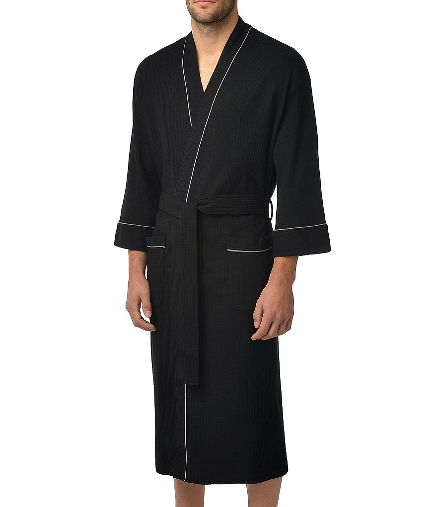 Majestic Большой и высокий халат вафельной вязки с длинными рукавами и кимоно, черный