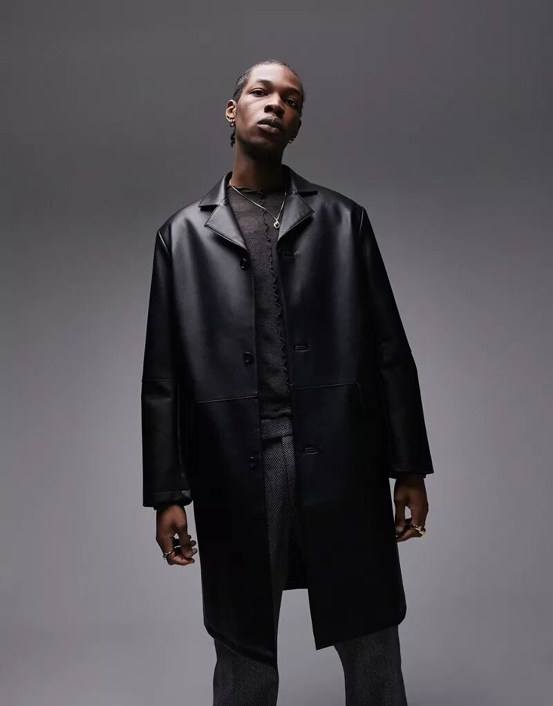 Черное удлиненное пальто из искусственной кожи Topman