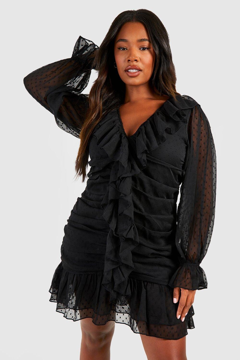 

Мини-платье Dobby с рюшами Plus boohoo, черный