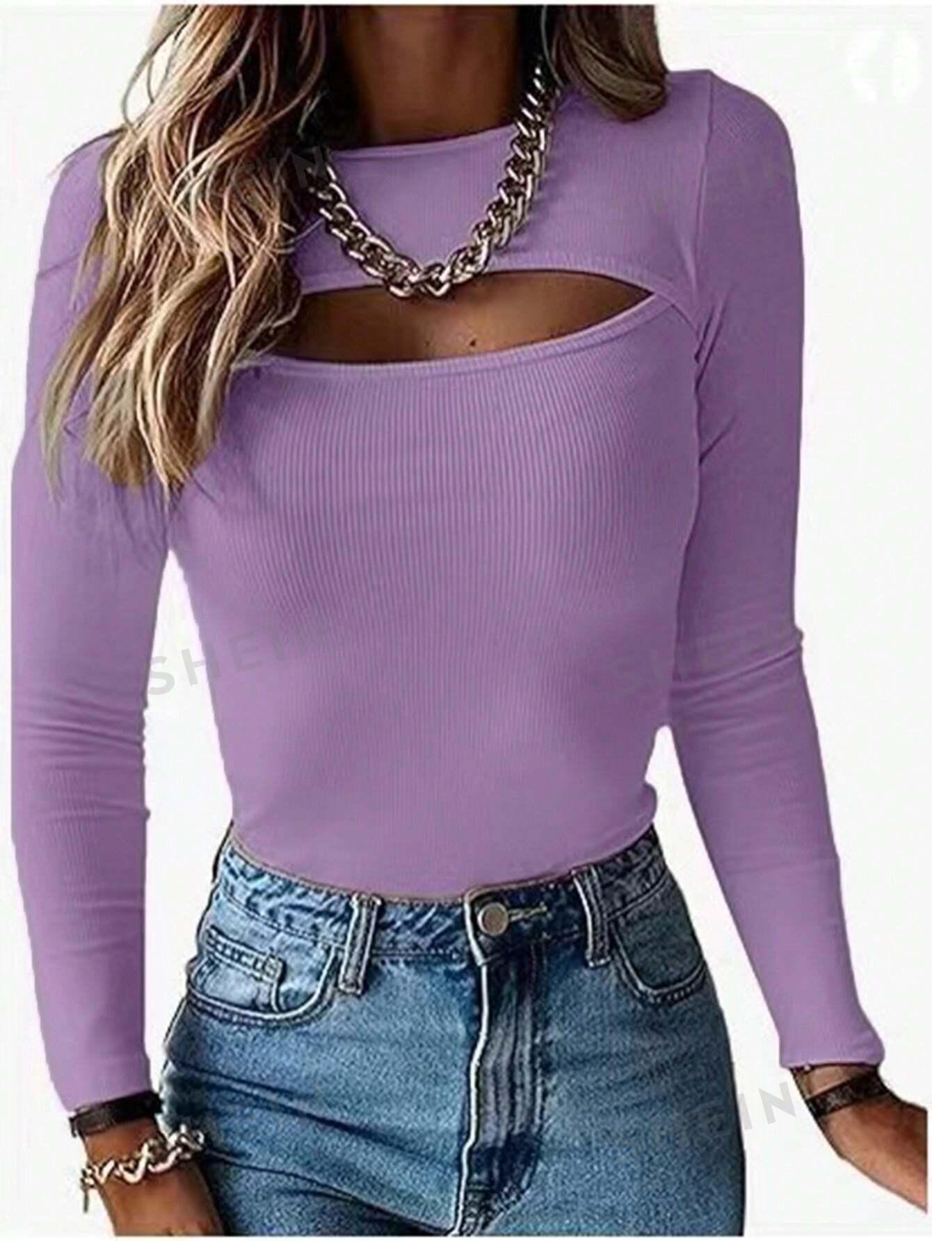 SHEIN LUNE Женская футболка с круглым вырезом и короткими рукавами, фиолетовый