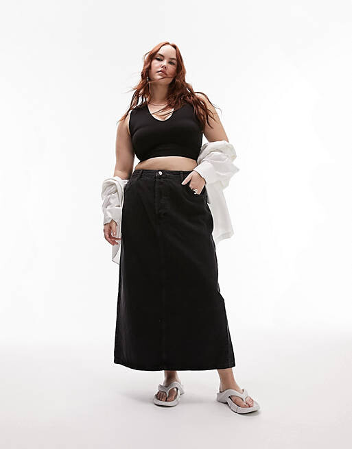 

Черный бесшовный укороченный топ с v-образным вырезом Topshop Curve