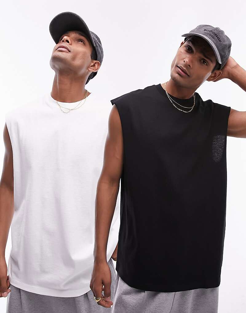 

Комплект из двух черно-белых футболок свободного кроя без рукавов Topman