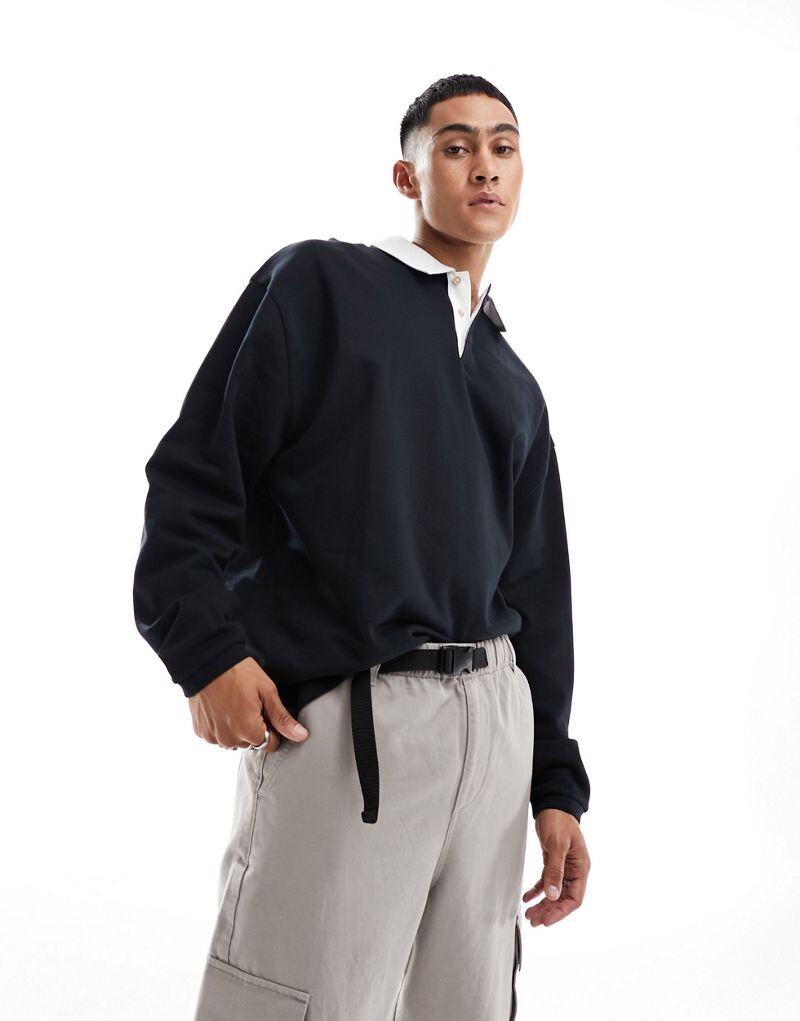 

ASOS DESIGN — объемная толстовка-поло в стиле регби черного цвета