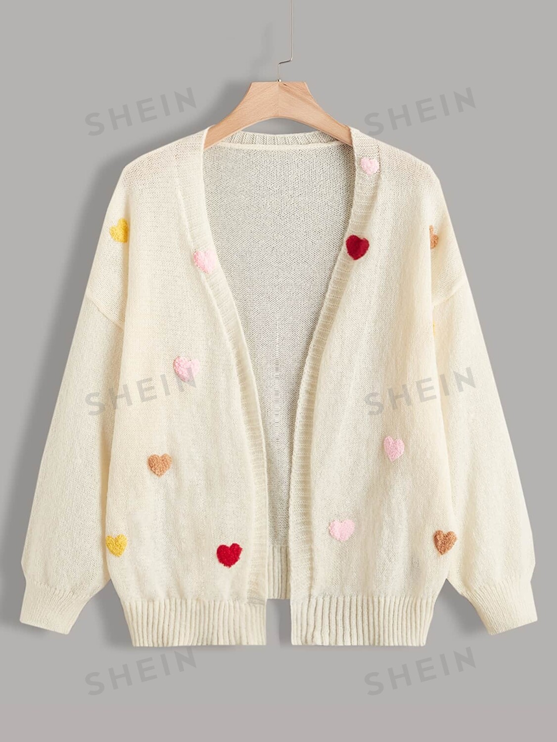 

Кардиган Qutie Plus, узор в виде сердечек, заниженная линия плеча Shein, кремовый/бежевый