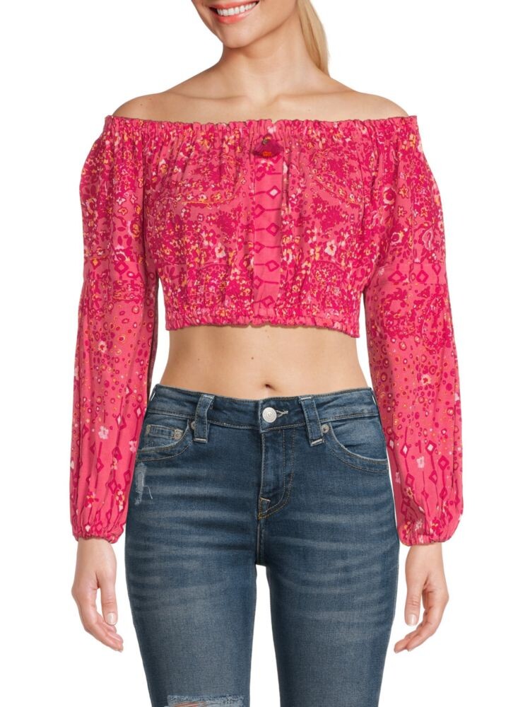 

Укороченный топ с открытыми плечами Rachel с цветочным принтом Poupette St Barth, цвет Pink Paisley