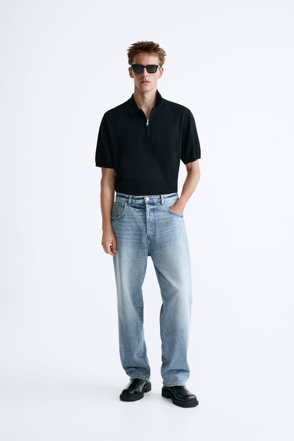 

Трикотажная футболка поло на молнии ZARA, черный