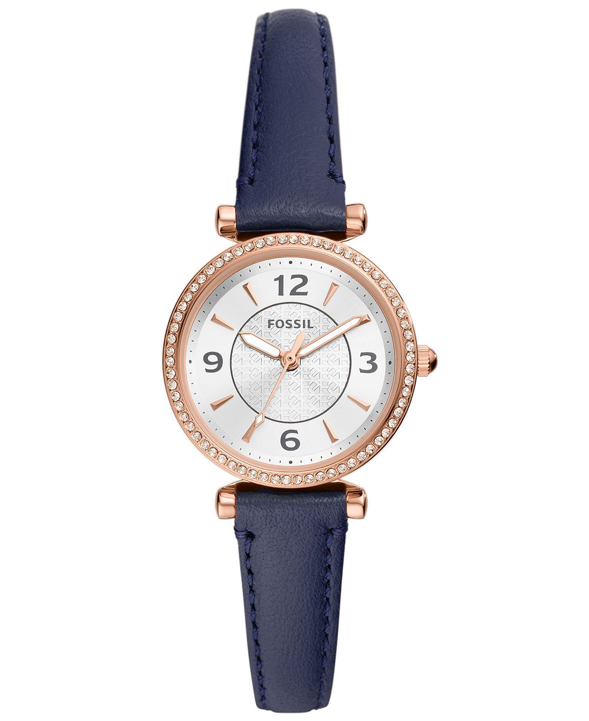 цена Женские часы Carlie из натуральной кожи с тремя стрелками, темно-синие, 28 мм Fossil, синий