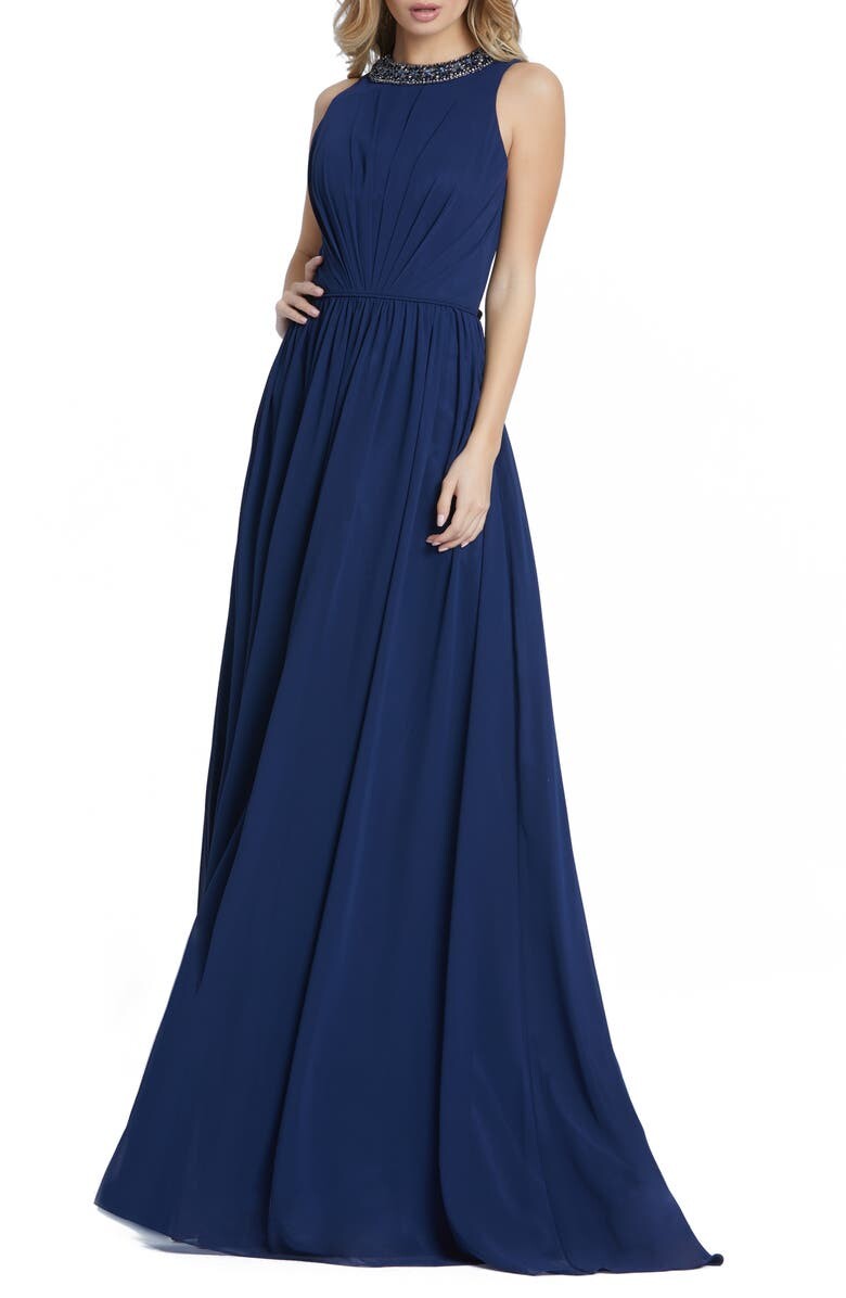 

leena for Mac Украшенное плиссированное платье с высоким вырезом Duggal IEENA FOR MAC DUGGAL