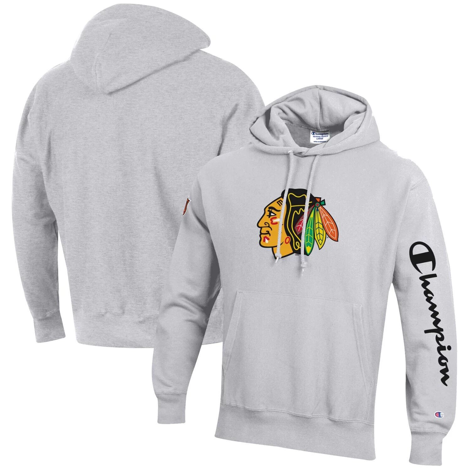 

Мужской серый пуловер с капюшоном Chicago Blackhawks обратного плетения с принтом меланжевого цвета Champion
