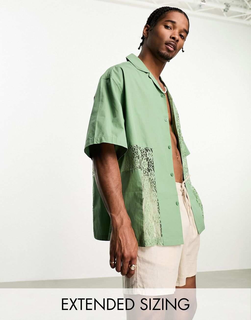 

Зеленая рубашка свободного кроя из поплина с кружевными вставками ASOS DESIGN