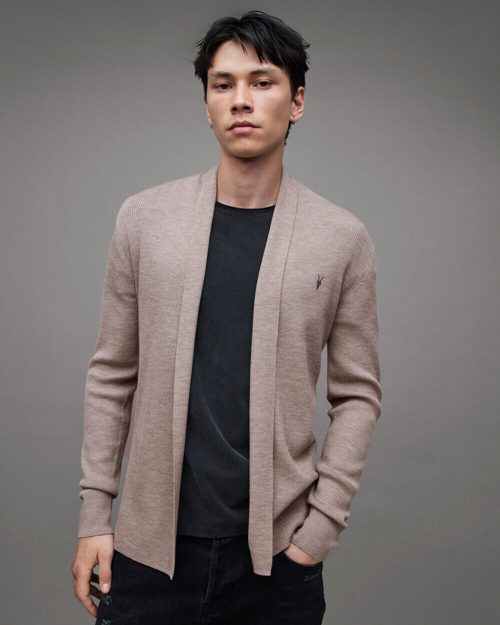 

Открытый кардиган Mode Merino Ramskull AllSaints, каменный темно-серый мергель
