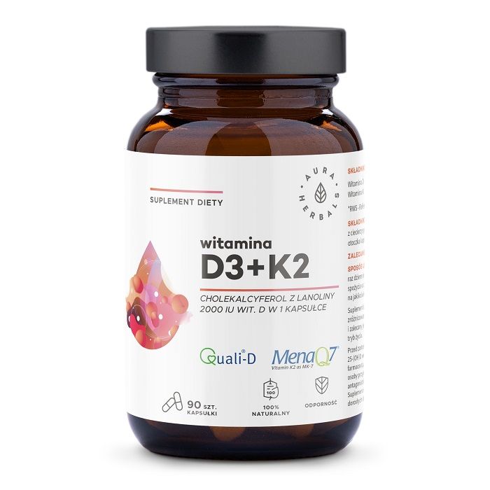 Витамин Д3 + К2 Aura Herbals Witamina D3 2000 IU + K2, 90 шт solaray витамин k2 менахинон 7 50 мкг 60 вегетарианских капсул