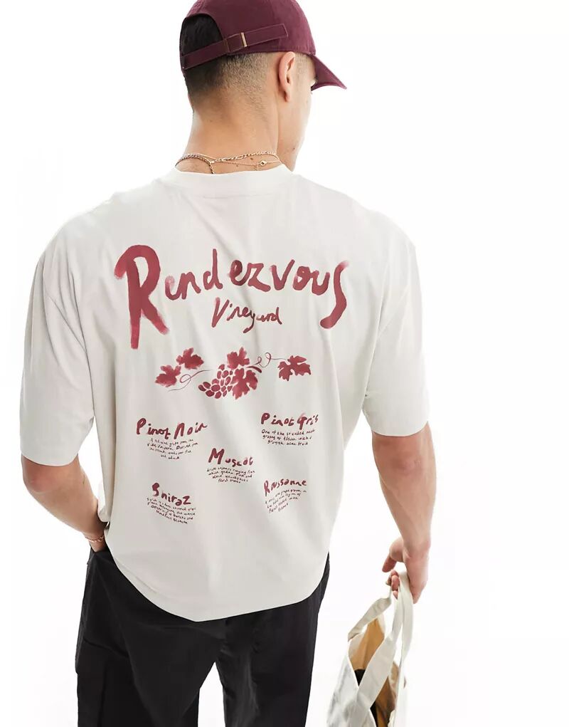 Бежевая футболка оверсайз с принтом виноградников на спине ASOS