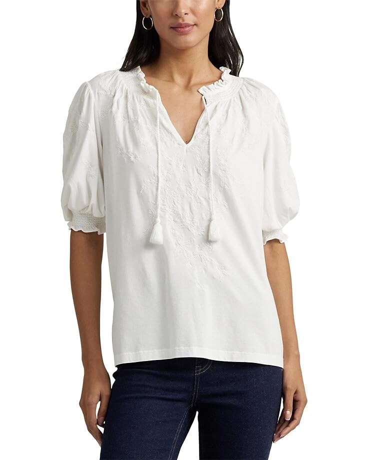 

Топ LAUREN Ralph Lauren Embroidered Jersey Puff-Sleeve, белый