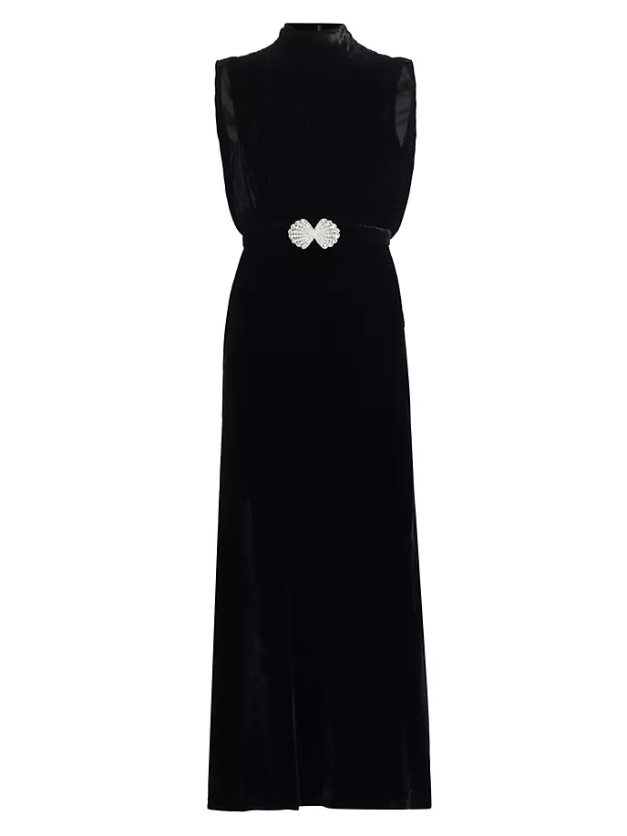 Бархатное платье макси Fleur с украшением Saloni, цвет black pearl clamshell