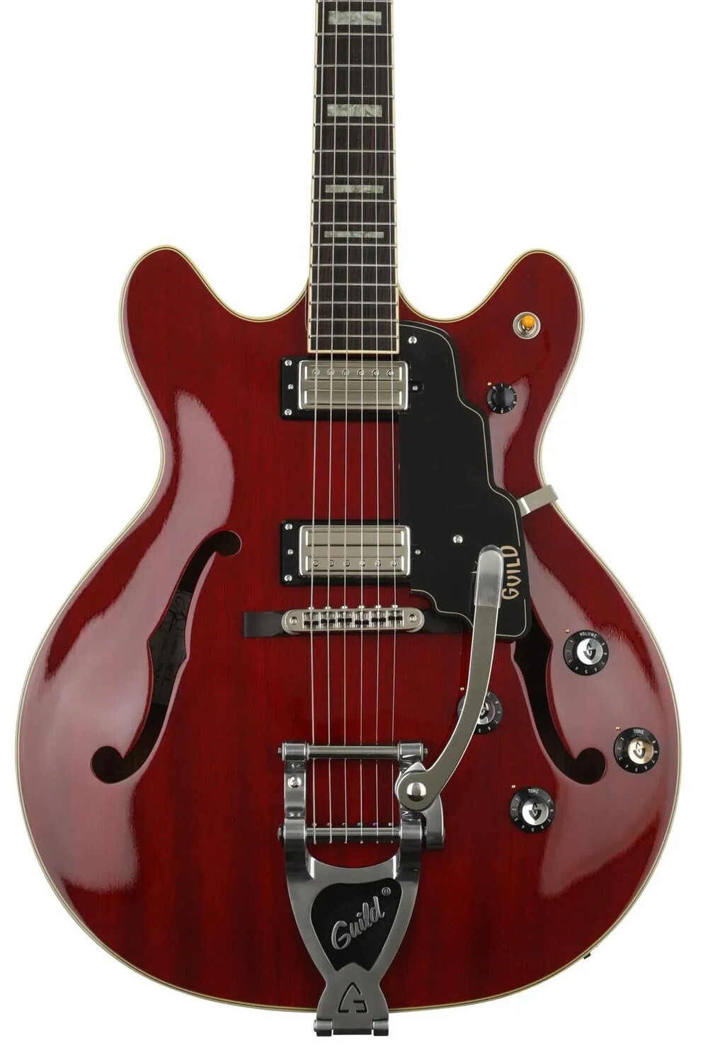 

Guild Starfire V с Guild Vibrato — прозрачный вишневый красный