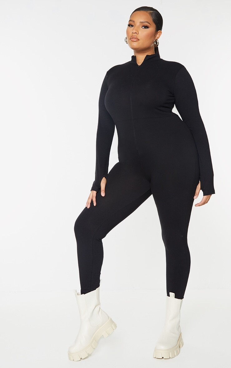 

PrettyLittleThing Черный комбинезон на молнии с длинными рукавами Plus