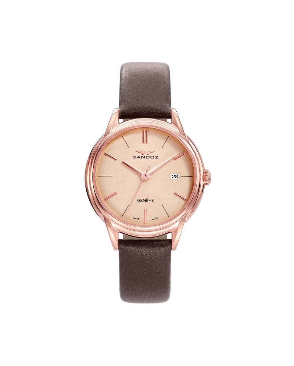 Розовые женские часы Heritage с кожаным ремешком и стальным корпусом Sandoz, коричневый цена и фото