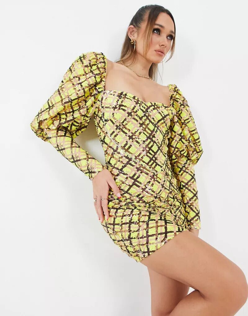 

Платье мини в клетку с пайетками, сердечками и пышными рукавами ASOS