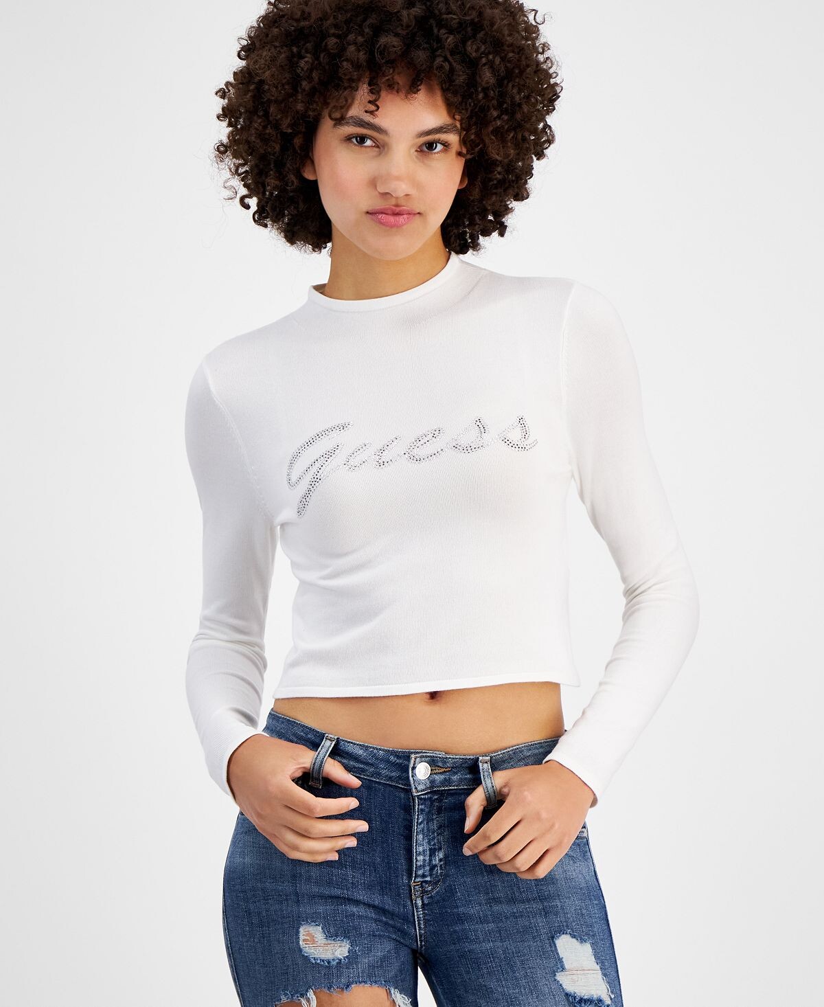 

Женский укороченный топ с длинными рукавами и стразами и логотипом GUESS