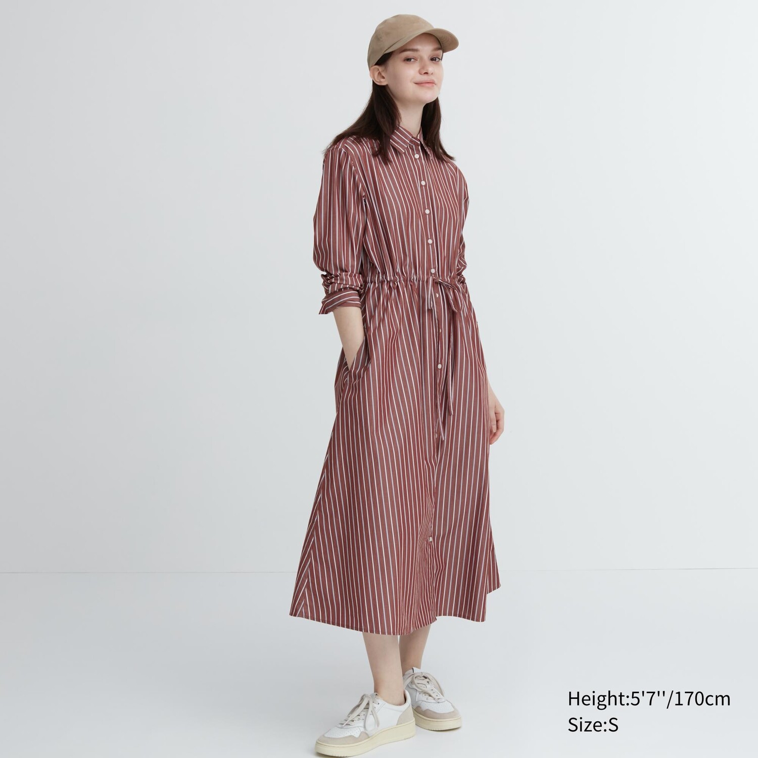 

Длинное платье-рубашка из хлопка в полоску с длинными рукавами Uniqlo, коричневый