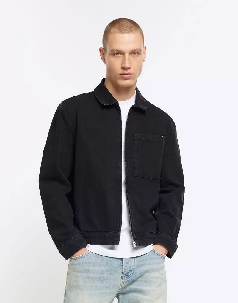 

Черная джинсовая куртка на молнии прямого кроя River Island