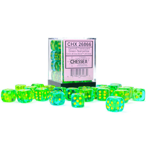 

Аксессуары Chessex Chessex 12mm d6 Set: Gemini Translucent - Green-Teal w/Yellow (36)