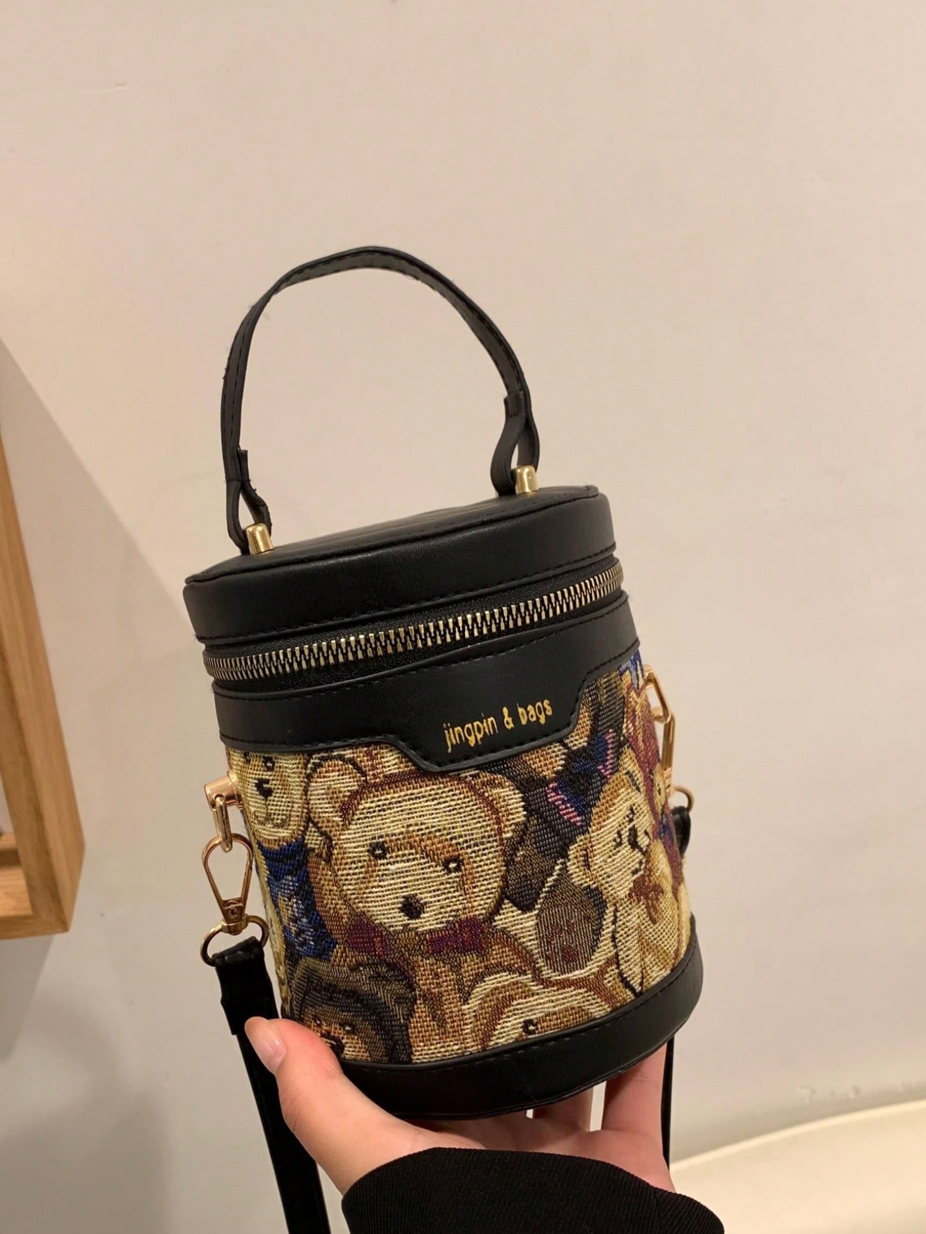 Легкая деловая повседневная мини-сумка-ведро с рисунком медведя из мультфильма для девочек-подростков, черный