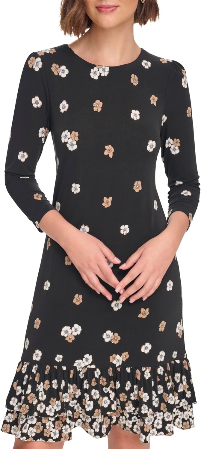 

Платье 3/4 Sleeve Printed Jersey Flounce Hem Shift Tommy Hilfiger, цвет Black/Cream