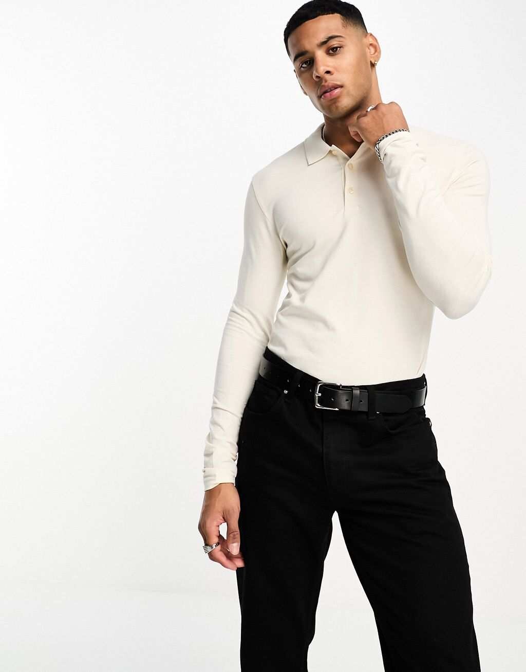 

Кремовая рубашка-поло с длинными рукавами ASOS DESIGN