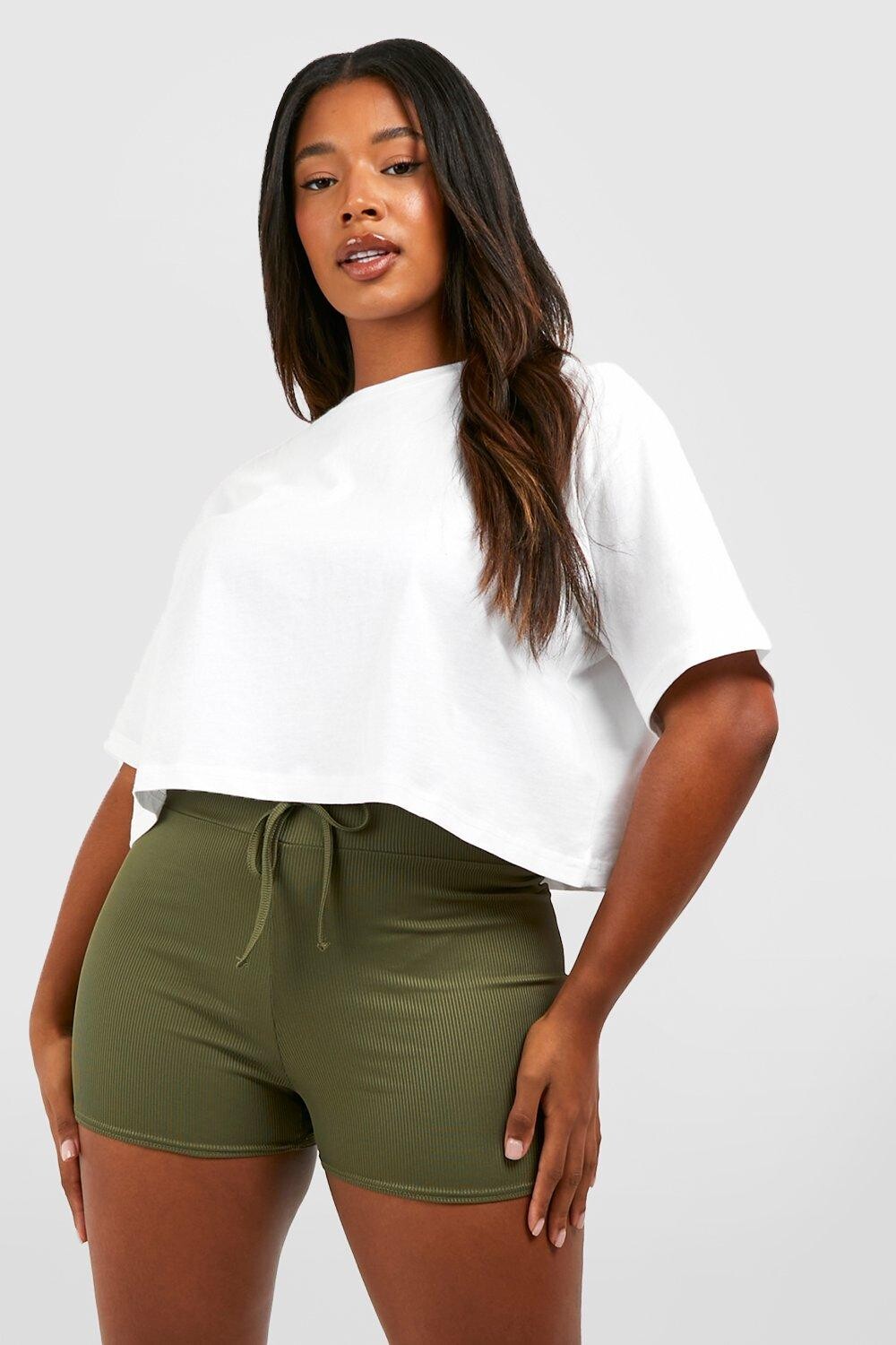 

Байкерские шорты plus rib basic с завязкой спереди Boohoo, хаки
