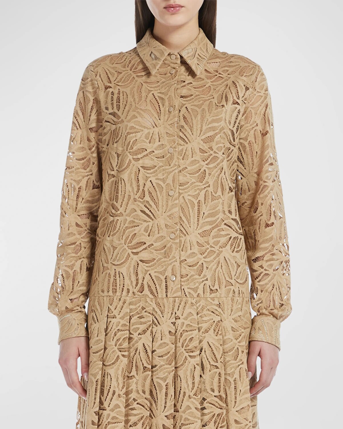 

Плиссированное кружевное мини-платье-рубашка Edotto Max Mara, цвет Colonial