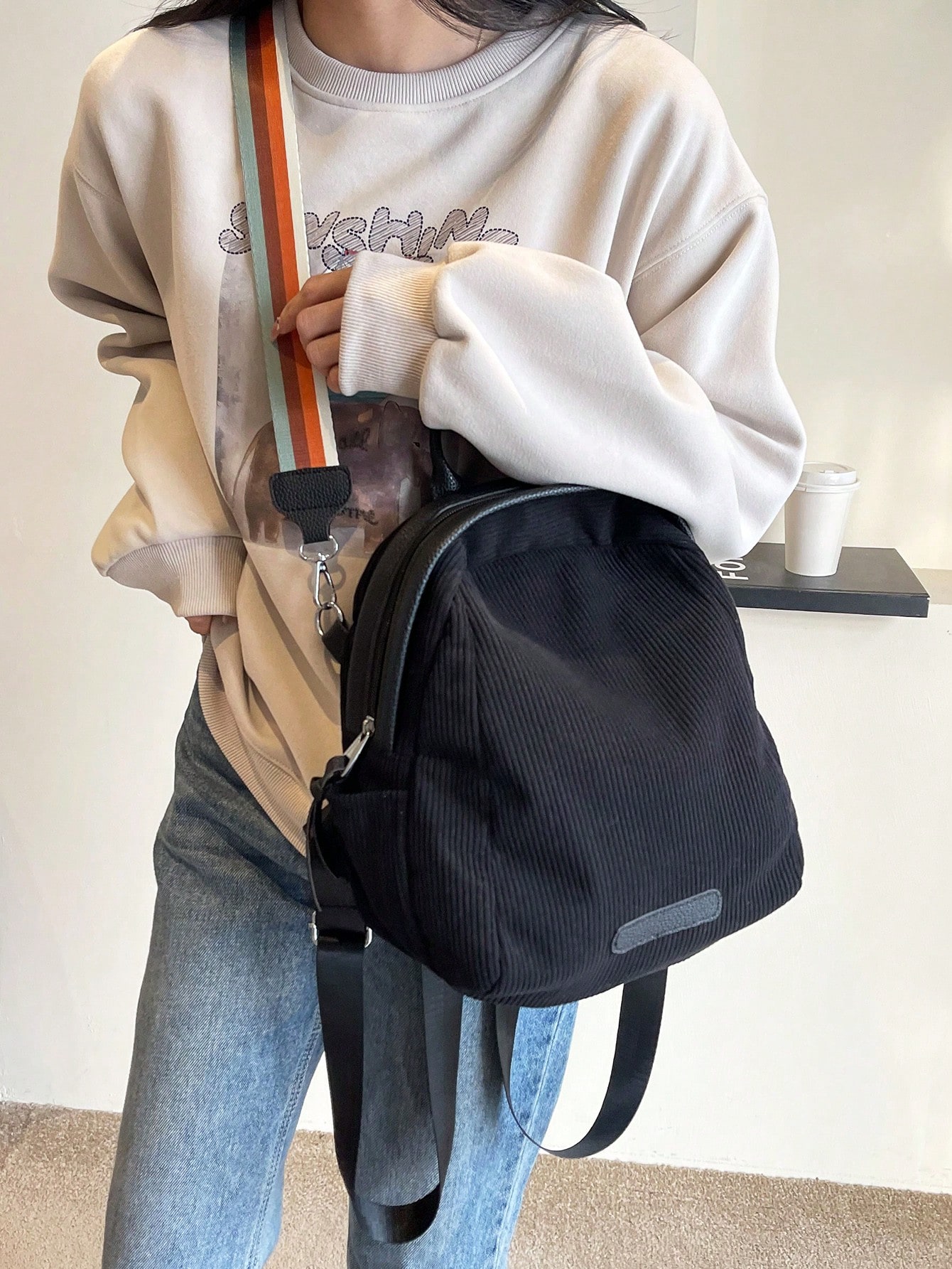 Легкий портативный однотонный вельветовый модный повседневный рюкзак, черный легкий портативный однотонный вельветовый модный повседневный рюкзак черный