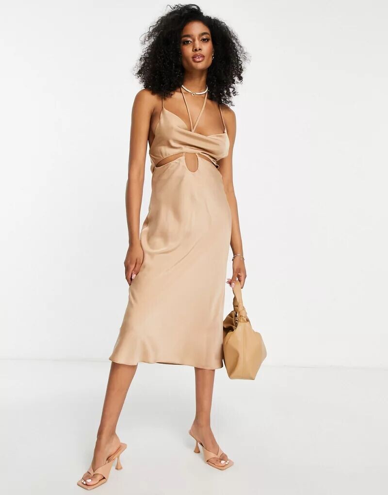 

Платье миди ASOS из натурального атласа с вырезом и бретелями на спине
