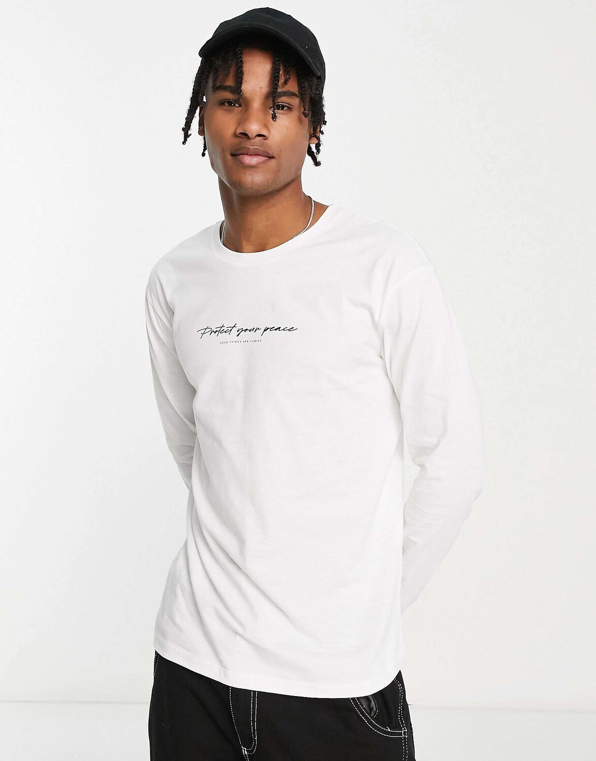 

Белая объемная футболка с длинными рукавами и принтом мира Jack & Jones Originals