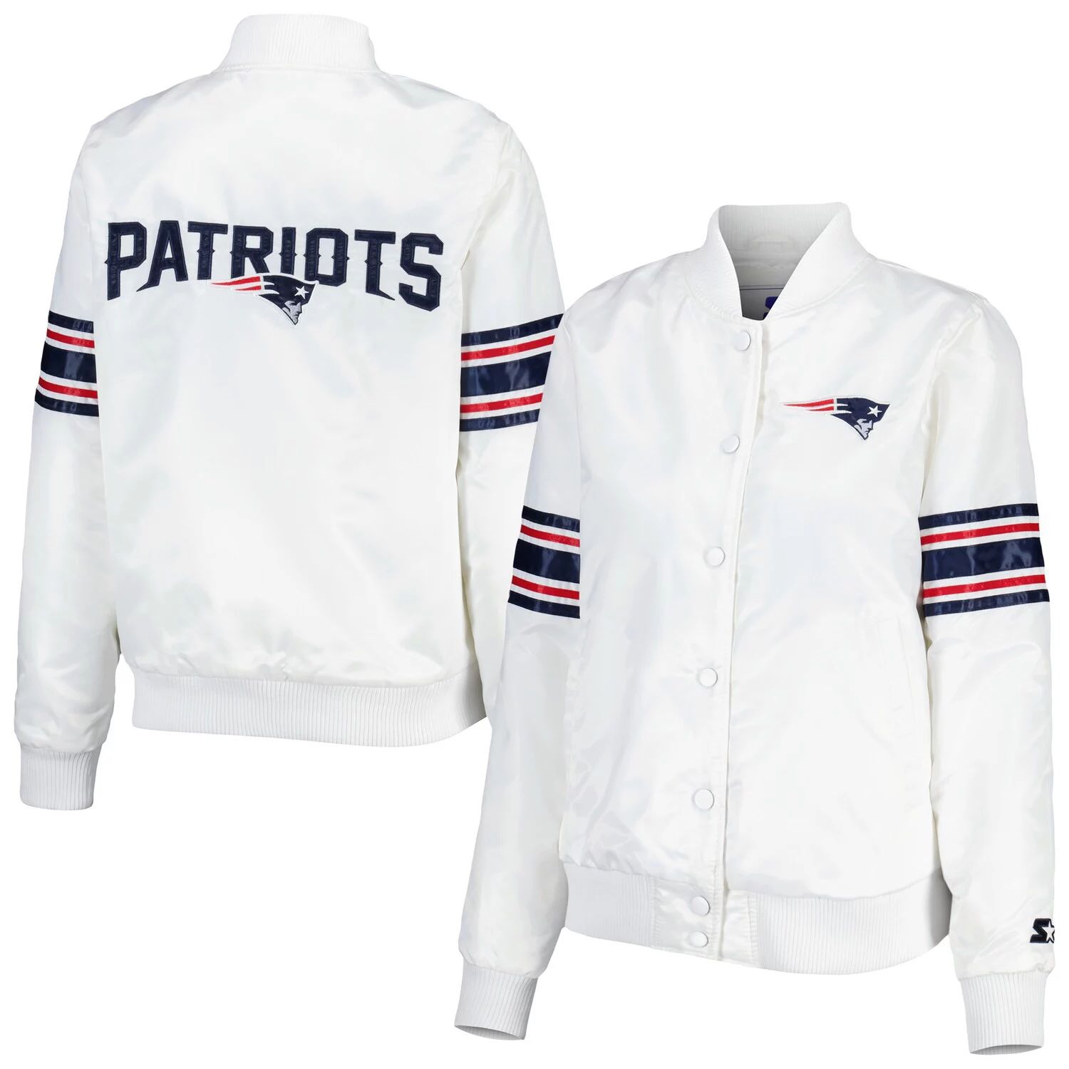 Женская стартовая белая атласная университетская куртка New England Patriots Line Up Starter