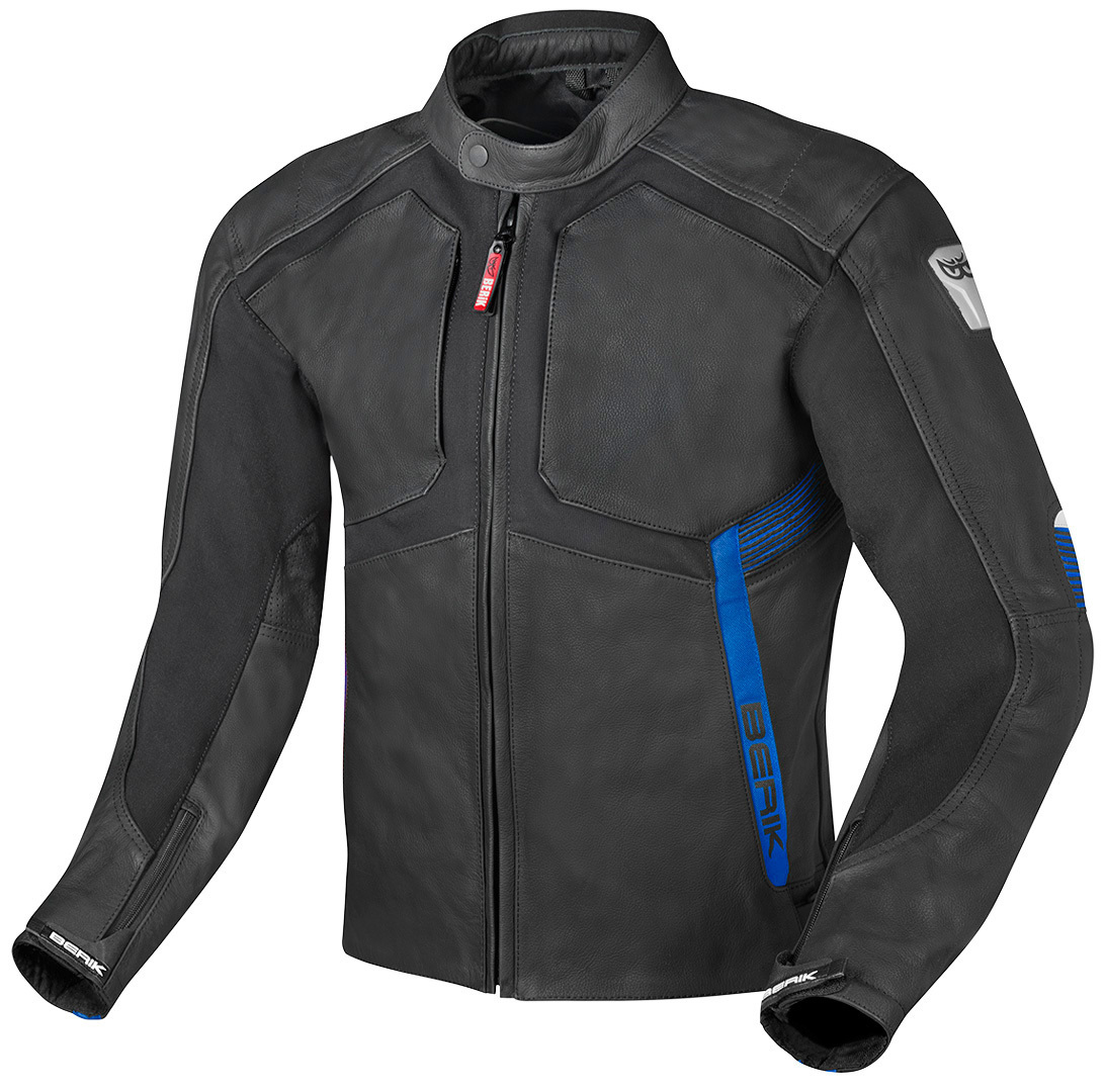 Мотоциклетная кожаная куртка Berik Flexius с двумя панелями на локоть, черный/синий