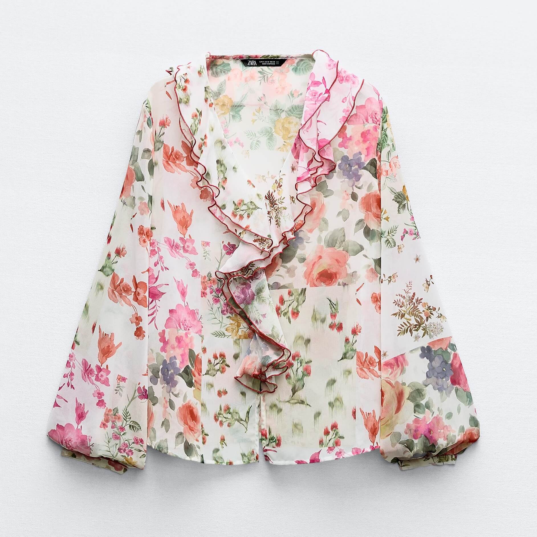 Блузка Zara Ruffled With Floral Print, мультиколор блузка в полоску с v образным вырезом и длинными рукавами 36 fr 42 rus бежевый