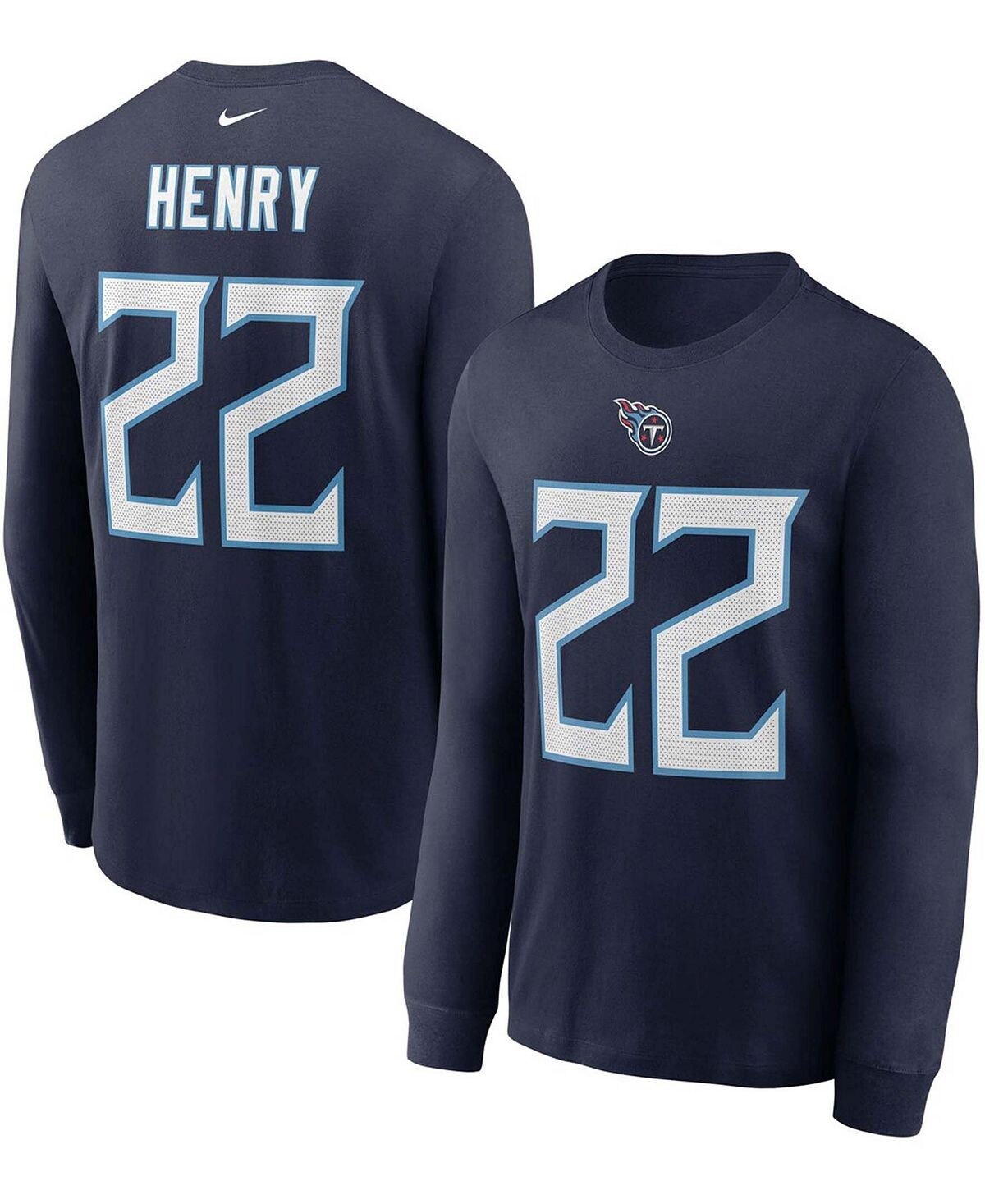 

Мужская футболка с длинным рукавом derrick henry navy tennessee titans с именем и номером игрока Nike, синий