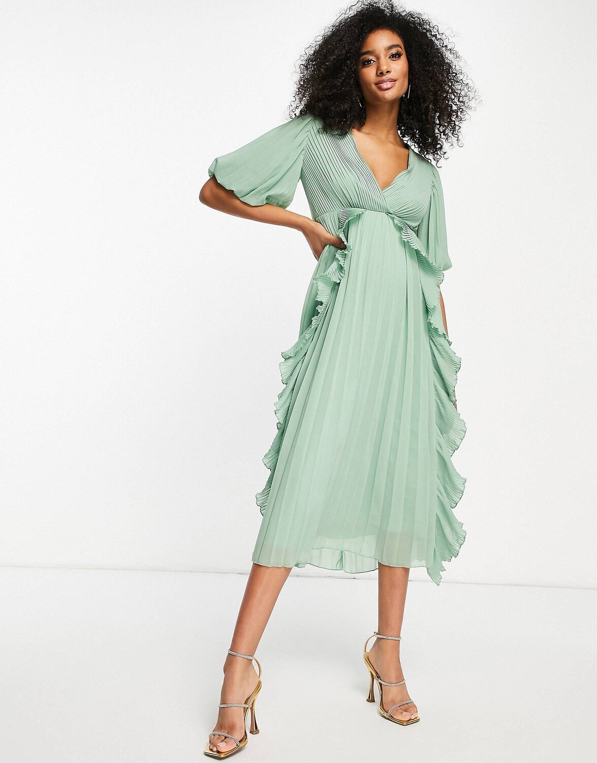 

Зеленое платье миди с запахом и оборками спереди ASOS DESIGN, Зеленый