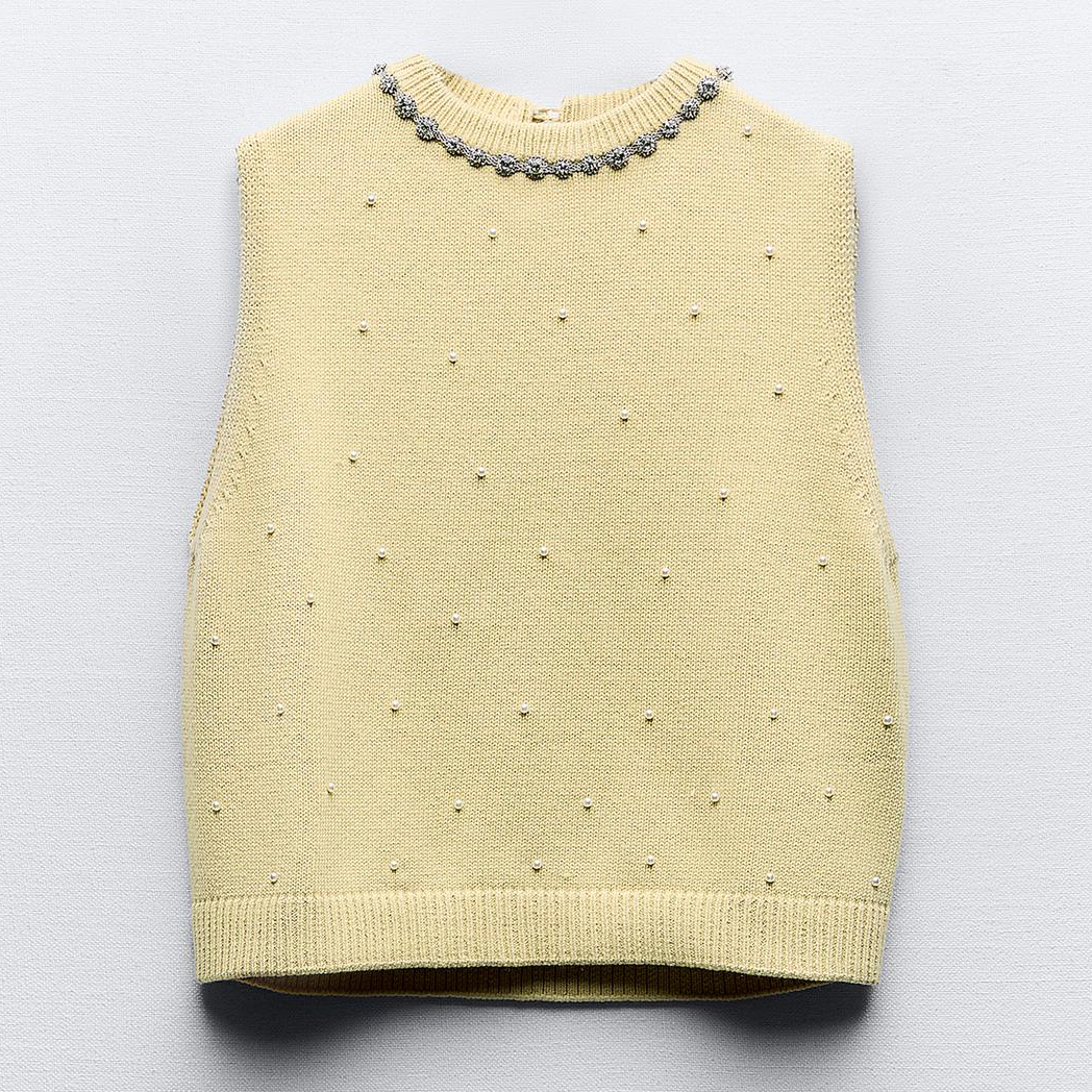 цена Топ Zara Knit With Rhinestones And Faux Pearls, светло-фисташковый