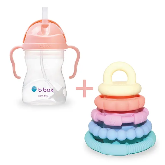 

B.box/Jellystone Designs комплект: B.box, бутылка для воды Gelato Tutti Frutti с трубочкой, крышка. 240 мл, 1 шт. + Jellystone Designs, маленькая башня из силиконовых прорезывателей, 1 шт.