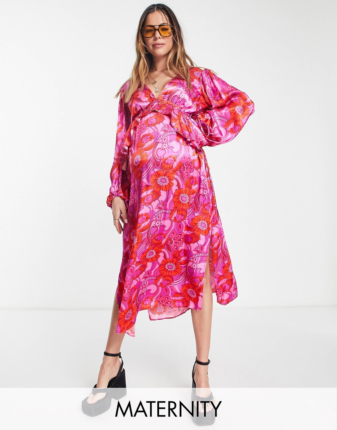 

Розовое платье миди в стиле ретро с баской и оборками Topshop Maternity
