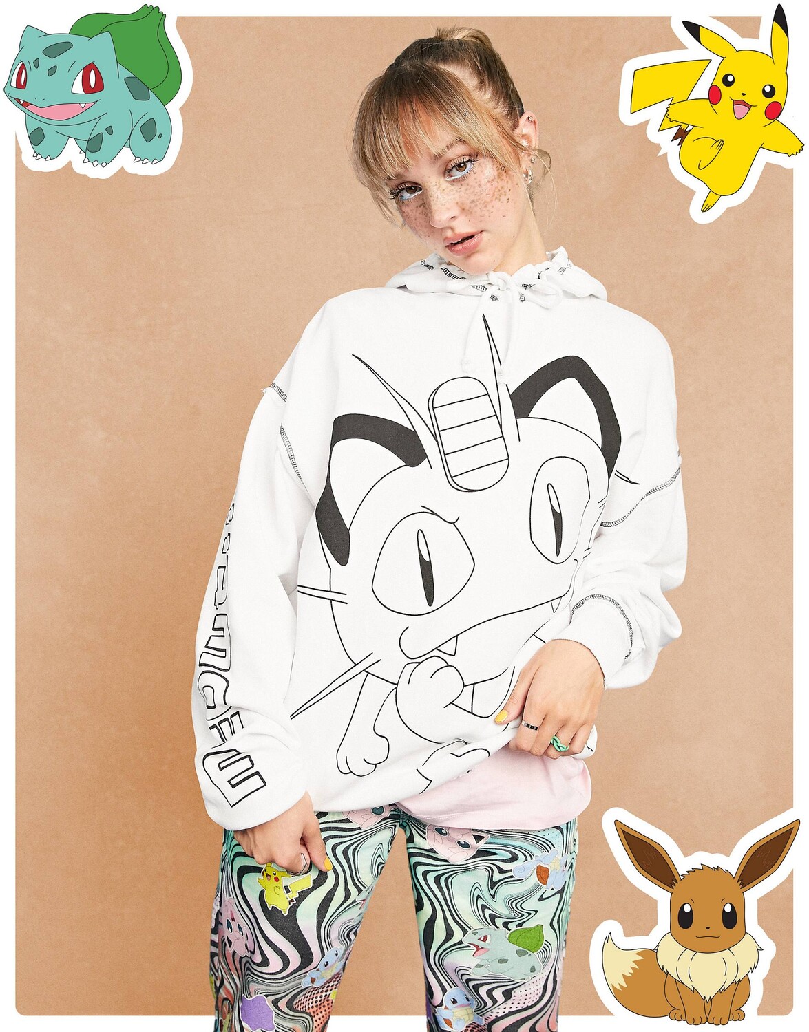 

Белая худи оверсайз с рисунком Pokemon и швами ASOS DESIGN Pokemon