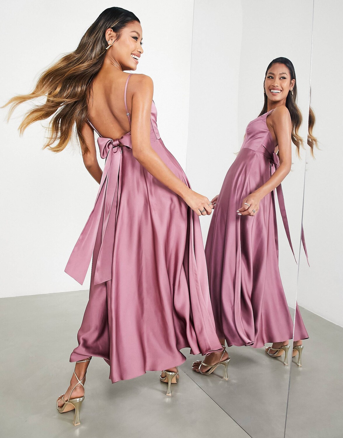 

Атласное платье миди с завязками на спине ASOS EDITION цвета орхидеи