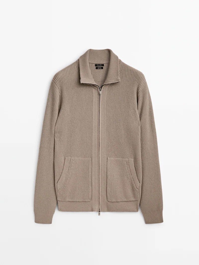 

Кардиган фактурной вязки на молнии с карманами Massimo Dutti, бежевый